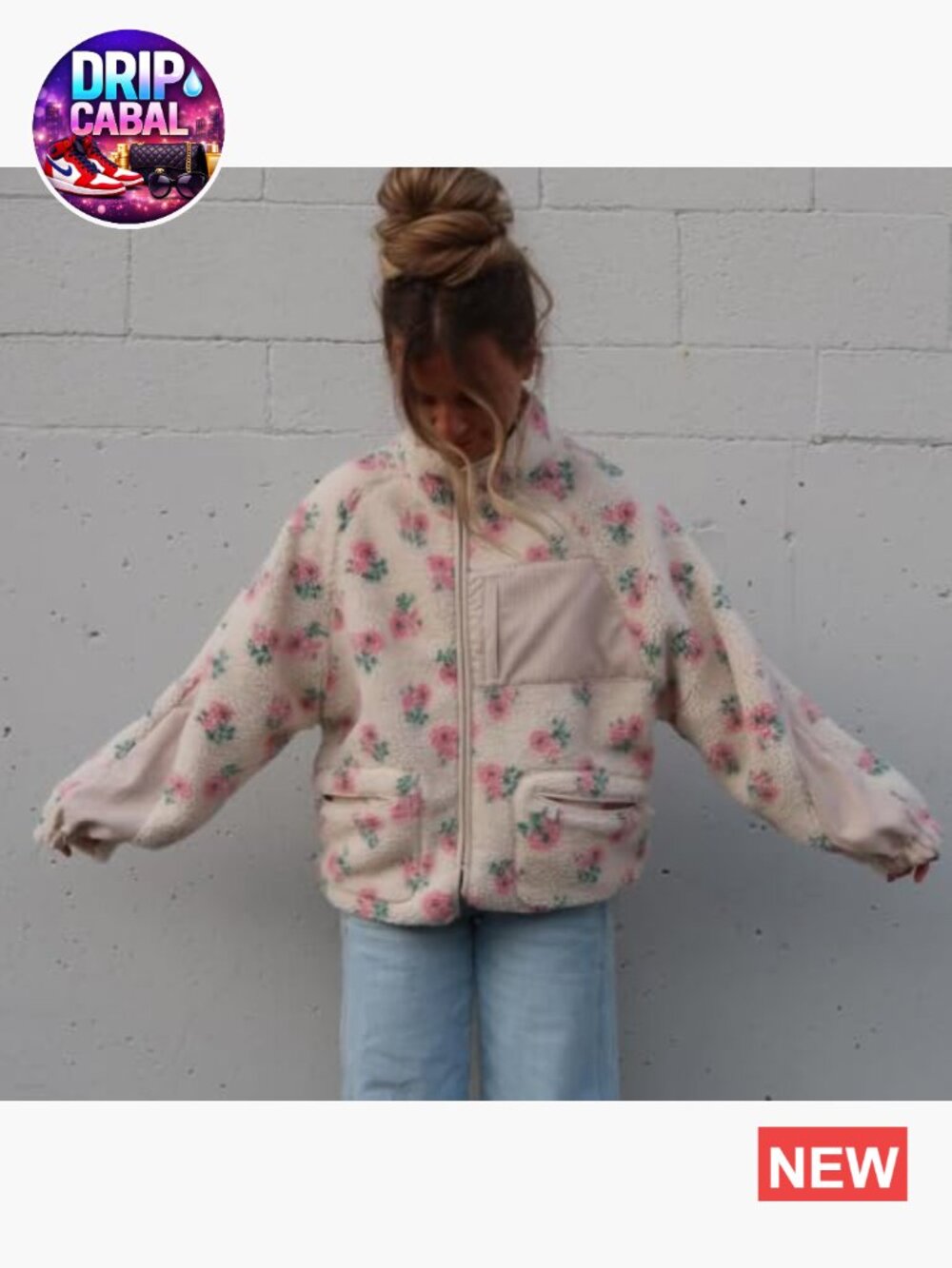 Women's Winter Casual Spliced Floral Fleece Jacket Fuzzy Oversized Faux Fur - Picture 3 of 7